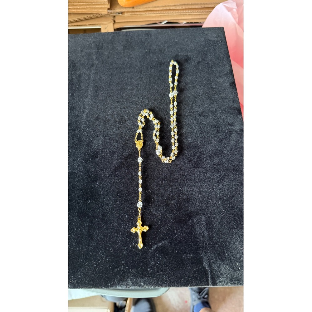 Gold Tone‎ Rosary Necklace Clear Faceted Beads Crucifix Miraculous Medal 17 Inch